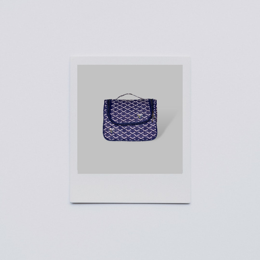 a blue goyard inspired hanging cosmetic/dopp kit